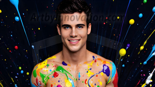 Paint Splat Fun - Hot men having fun with body paint. AI-generated abstract art featuring beautiful, handsome, sexy, shirtless, men, boys, lads, full of excitement joy and fun, covered in body paint, dynamic, interactive, Combining elements of realism with surreal abstract qualities, showcasing the potential of AI in artistic expression. Photos of guys, just smiling, happy, and having a good time. Most of them are smiling because a paint bomb just blow up next to them, so I'm calling is Abstract Art. When paint attacks and makes people happy, it's Art!