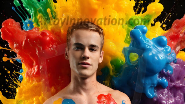 Paint Splat Fun - Hot men having fun with body paint. AI-generated abstract art featuring beautiful, handsome, sexy, shirtless, men, boys, lads, full of excitement joy and fun, covered in body paint, dynamic, interactive, Combining elements of realism with surreal abstract qualities, showcasing the potential of AI in artistic expression. Photos of guys, just smiling, happy, and having a good time. Most of them are smiling because a paint bomb just blow up next to them, so I'm calling is Abstract Art. When paint attacks and makes people happy, it's Art!
