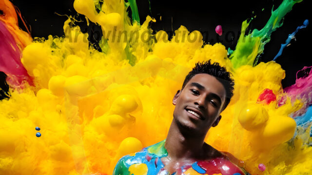 Paint Splat Fun - Hot men having fun with body paint. AI-generated abstract art featuring beautiful, handsome, sexy, shirtless, men, boys, lads, full of excitement joy and fun, covered in body paint, dynamic, interactive, Combining elements of realism with surreal abstract qualities, showcasing the potential of AI in artistic expression. Photos of guys, just smiling, happy, and having a good time. Most of them are smiling because a paint bomb just blow up next to them, so I'm calling is Abstract Art. When paint attacks and makes people happy, it's Art!