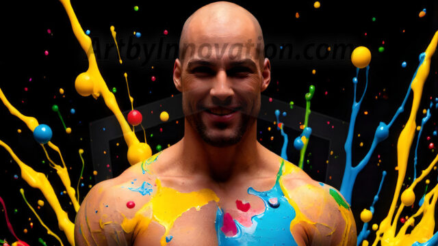 Paint Splat Fun - Hot men having fun with body paint. AI-generated abstract art featuring beautiful, handsome, sexy, shirtless, men, boys, lads, full of excitement joy and fun, covered in body paint, dynamic, interactive, Combining elements of realism with surreal abstract qualities, showcasing the potential of AI in artistic expression. Photos of guys, just smiling, happy, and having a good time. Most of them are smiling because a paint bomb just blow up next to them, so I'm calling is Abstract Art. When paint attacks and makes people happy, it's Art!