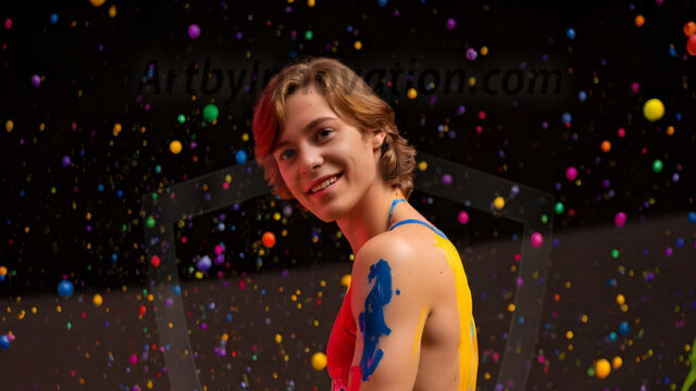 Paint Splat Fun - Hot men having fun with body paint. AI-generated abstract art featuring beautiful, handsome, sexy, shirtless, men, boys, lads, full of excitement joy and fun, covered in body paint, dynamic, interactive, Combining elements of realism with surreal abstract qualities, showcasing the potential of AI in artistic expression. Photos of guys, just smiling, happy, and having a good time. Most of them are smiling because a paint bomb just blow up next to them, so I'm calling is Abstract Art. When paint attacks and makes people happy, it's Art!