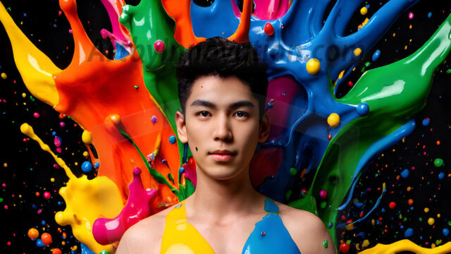 Paint Splat Fun - Hot men having fun with body paint. AI-generated abstract art featuring beautiful, handsome, sexy, shirtless, men, boys, lads, full of excitement joy and fun, covered in body paint, dynamic, interactive, Combining elements of realism with surreal abstract qualities, showcasing the potential of AI in artistic expression. Photos of guys, just smiling, happy, and having a good time. Most of them are smiling because a paint bomb just blow up next to them, so I'm calling is Abstract Art. When paint attacks and makes people happy, it's Art!