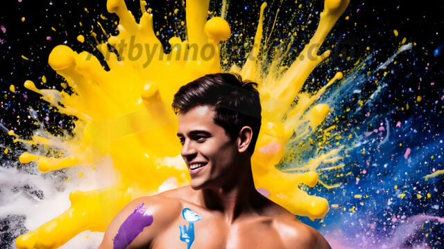 Paint Splat Fun - Hot men having fun with body paint. AI-generated abstract art featuring beautiful, handsome, sexy, shirtless, men, boys, lads, full of excitement joy and fun, covered in body paint, dynamic, interactive, Combining elements of realism with surreal abstract qualities, showcasing the potential of AI in artistic expression. Photos of guys, just smiling, happy, and having a good time. Most of them are smiling because a paint bomb just blow up next to them, so I'm calling is Abstract Art. When paint attacks and makes people happy, it's Art!