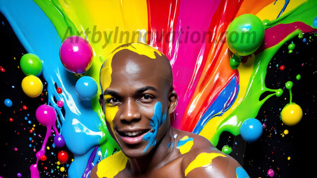 Paint Splat Fun - Hot men having fun with body paint. AI-generated abstract art featuring beautiful, handsome, sexy, shirtless, men, boys, lads, full of excitement joy and fun, covered in body paint, dynamic, interactive, Combining elements of realism with surreal abstract qualities, showcasing the potential of AI in artistic expression. Photos of guys, just smiling, happy, and having a good time. Most of them are smiling because a paint bomb just blow up next to them, so I'm calling is Abstract Art. When paint attacks and makes people happy, it's Art!