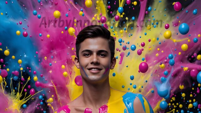Paint Splat Fun - Hot men having fun with body paint. AI-generated abstract art featuring beautiful, handsome, sexy, shirtless, men, boys, lads, full of excitement joy and fun, covered in body paint, dynamic, interactive, Combining elements of realism with surreal abstract qualities, showcasing the potential of AI in artistic expression. Photos of guys, just smiling, happy, and having a good time. Most of them are smiling because a paint bomb just blow up next to them, so I'm calling is Abstract Art. When paint attacks and makes people happy, it's Art!