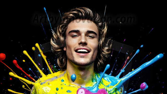 Paint Splat Fun - Hot men having fun with body paint. AI-generated abstract art featuring beautiful, handsome, sexy, shirtless, men, boys, lads, full of excitement joy and fun, covered in body paint, dynamic, interactive, Combining elements of realism with surreal abstract qualities, showcasing the potential of AI in artistic expression. Photos of guys, just smiling, happy, and having a good time. Most of them are smiling because a paint bomb just blow up next to them, so I'm calling is Abstract Art. When paint attacks and makes people happy, it's Art!