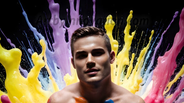 Paint Splat Fun - Hot men having fun with body paint. AI-generated abstract art featuring beautiful, handsome, sexy, shirtless, men, boys, lads, full of excitement joy and fun, covered in body paint, dynamic, interactive, Combining elements of realism with surreal abstract qualities, showcasing the potential of AI in artistic expression. Photos of guys, just smiling, happy, and having a good time. Most of them are smiling because a paint bomb just blow up next to them, so I'm calling is Abstract Art. When paint attacks and makes people happy, it's Art!