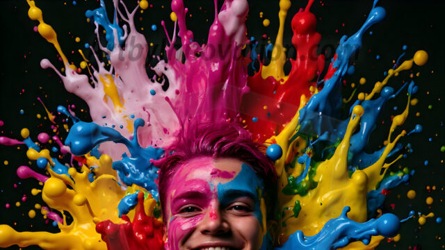 Paint Splat Fun - Hot men having fun with body paint. AI-generated abstract art featuring beautiful, handsome, sexy, shirtless, men, boys, lads, full of excitement joy and fun, covered in body paint, dynamic, interactive, Combining elements of realism with surreal abstract qualities, showcasing the potential of AI in artistic expression. Photos of guys, just smiling, happy, and having a good time. Most of them are smiling because a paint bomb just blow up next to them, so I'm calling is Abstract Art. When paint attacks and makes people happy, it's Art!