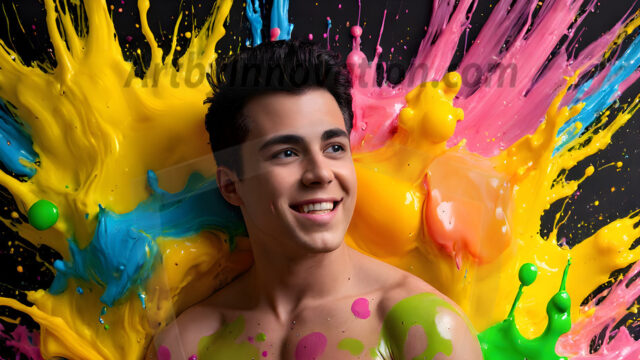 Paint Splat Fun - Hot men having fun with body paint. AI-generated abstract art featuring beautiful, handsome, sexy, shirtless, men, boys, lads, full of excitement joy and fun, covered in body paint, dynamic, interactive, Combining elements of realism with surreal abstract qualities, showcasing the potential of AI in artistic expression. Photos of guys, just smiling, happy, and having a good time. Most of them are smiling because a paint bomb just blow up next to them, so I'm calling is Abstract Art. When paint attacks and makes people happy, it's Art!