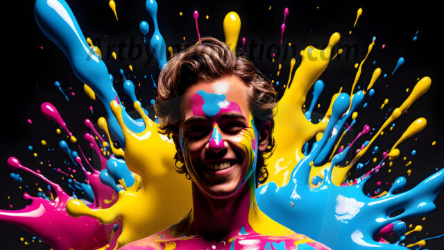 Paint Splat Fun - Hot men having fun with body paint. AI-generated abstract art featuring beautiful, handsome, sexy, shirtless, men, boys, lads, full of excitement joy and fun, covered in body paint, dynamic, interactive, Combining elements of realism with surreal abstract qualities, showcasing the potential of AI in artistic expression. Photos of guys, just smiling, happy, and having a good time. Most of them are smiling because a paint bomb just blow up next to them, so I'm calling is Abstract Art. When paint attacks and makes people happy, it's Art!