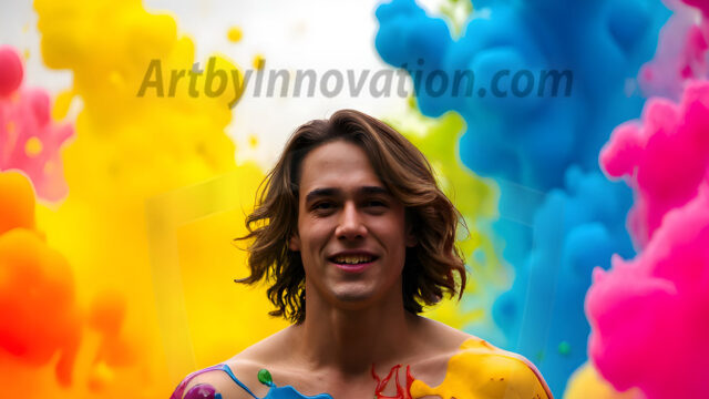 Paint Splat Fun - Hot men having fun with body paint. AI-generated abstract art featuring beautiful, handsome, sexy, shirtless, men, boys, lads, full of excitement joy and fun, covered in body paint, dynamic, interactive, Combining elements of realism with surreal abstract qualities, showcasing the potential of AI in artistic expression. Photos of guys, just smiling, happy, and having a good time. Most of them are smiling because a paint bomb just blow up next to them, so I'm calling is Abstract Art. When paint attacks and makes people happy, it's Art!