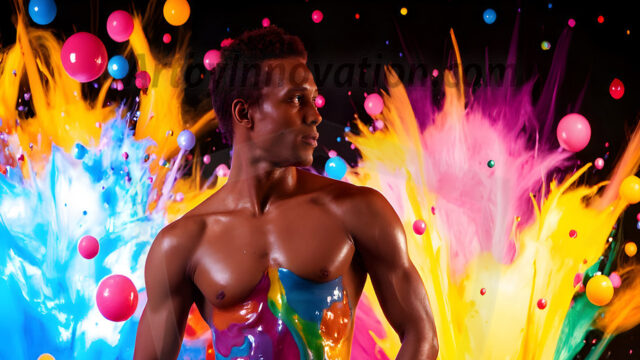 Paint Splat Fun - Hot men having fun with body paint. AI-generated abstract art featuring beautiful, handsome, sexy, shirtless, men, boys, lads, full of excitement joy and fun, covered in body paint, dynamic, interactive, Combining elements of realism with surreal abstract qualities, showcasing the potential of AI in artistic expression. Photos of guys, just smiling, happy, and having a good time. Most of them are smiling because a paint bomb just blow up next to them, so I'm calling is Abstract Art. When paint attacks and makes people happy, it's Art!