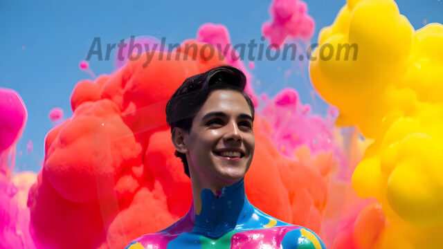 Paint Splat Fun - Hot men having fun with body paint. AI-generated abstract art featuring beautiful, handsome, sexy, shirtless, men, boys, lads, full of excitement joy and fun, covered in body paint, dynamic, interactive, Combining elements of realism with surreal abstract qualities, showcasing the potential of AI in artistic expression. Photos of guys, just smiling, happy, and having a good time. Most of them are smiling because a paint bomb just blow up next to them, so I'm calling is Abstract Art. When paint attacks and makes people happy, it's Art!