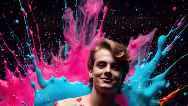 Paint Splat Fun - Hot men having fun with body paint. AI-generated abstract art featuring beautiful, handsome, sexy, shirtless, men, boys, lads, full of excitement joy and fun, covered in body paint, dynamic, interactive, Combining elements of realism with surreal abstract qualities, showcasing the potential of AI in artistic expression. Photos of guys, just smiling, happy, and having a good time. Most of them are smiling because a paint bomb just blow up next to them, so I'm calling is Abstract Art. When paint attacks and makes people happy, it's Art!