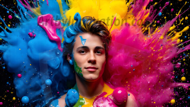 Paint Splat Fun - Hot men having fun with body paint. AI-generated abstract art featuring beautiful, handsome, sexy, shirtless, men, boys, lads, full of excitement joy and fun, covered in body paint, dynamic, interactive, Combining elements of realism with surreal abstract qualities, showcasing the potential of AI in artistic expression. Photos of guys, just smiling, happy, and having a good time. Most of them are smiling because a paint bomb just blow up next to them, so I'm calling is Abstract Art. When paint attacks and makes people happy, it's Art!