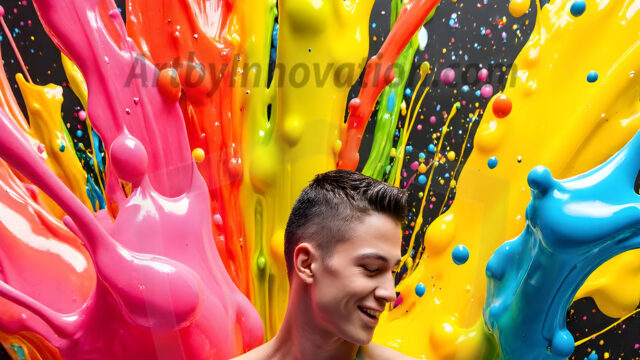 Paint Splat Fun - Hot men having fun with body paint. AI-generated abstract art featuring beautiful, handsome, sexy, shirtless, men, boys, lads, full of excitement joy and fun, covered in body paint, dynamic, interactive, Combining elements of realism with surreal abstract qualities, showcasing the potential of AI in artistic expression. Photos of guys, just smiling, happy, and having a good time. Most of them are smiling because a paint bomb just blow up next to them, so I'm calling is Abstract Art. When paint attacks and makes people happy, it's Art!