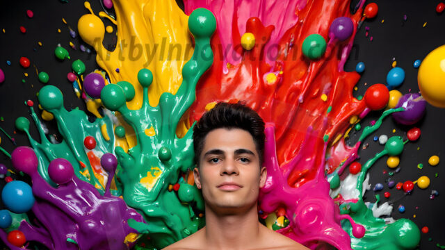 Paint Splat Fun - Hot men having fun with body paint. AI-generated abstract art featuring beautiful, handsome, sexy, shirtless, men, boys, lads, full of excitement joy and fun, covered in body paint, dynamic, interactive, Combining elements of realism with surreal abstract qualities, showcasing the potential of AI in artistic expression. Photos of guys, just smiling, happy, and having a good time. Most of them are smiling because a paint bomb just blow up next to them, so I'm calling is Abstract Art. When paint attacks and makes people happy, it's Art!