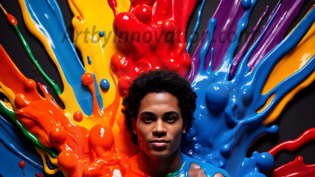 Paint Splat Fun - Hot men having fun with body paint. AI-generated abstract art featuring beautiful, handsome, sexy, shirtless, men, boys, lads, full of excitement joy and fun, covered in body paint, dynamic, interactive, Combining elements of realism with surreal abstract qualities, showcasing the potential of AI in artistic expression. Photos of guys, just smiling, happy, and having a good time. Most of them are smiling because a paint bomb just blow up next to them, so I'm calling is Abstract Art. When paint attacks and makes people happy, it's Art!