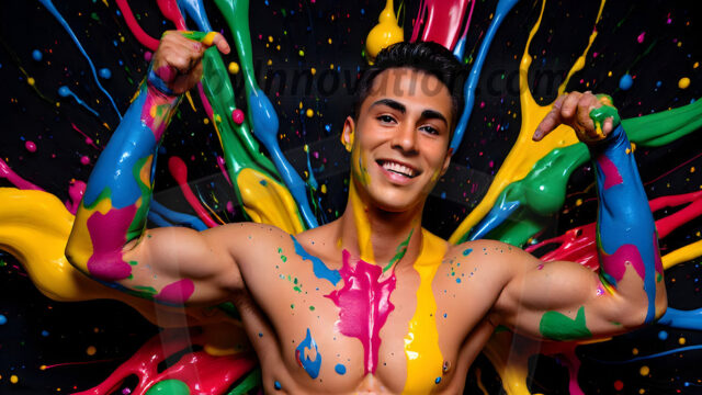 Paint Splat Fun - Hot men having fun with body paint. AI-generated abstract art featuring beautiful, handsome, sexy, shirtless, men, boys, lads, full of excitement joy and fun, covered in body paint, dynamic, interactive, Combining elements of realism with surreal abstract qualities, showcasing the potential of AI in artistic expression. Photos of guys, just smiling, happy, and having a good time. Most of them are smiling because a paint bomb just blow up next to them, so I'm calling is Abstract Art. When paint attacks and makes people happy, it's Art!