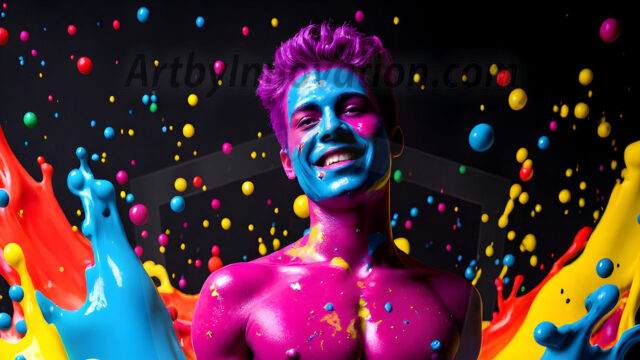Paint Splat Fun - Hot men having fun with body paint. AI-generated abstract art featuring beautiful, handsome, sexy, shirtless, men, boys, lads, full of excitement joy and fun, covered in body paint, dynamic, interactive, Combining elements of realism with surreal abstract qualities, showcasing the potential of AI in artistic expression. Photos of guys, just smiling, happy, and having a good time. Most of them are smiling because a paint bomb just blow up next to them, so I'm calling is Abstract Art. When paint attacks and makes people happy, it's Art!