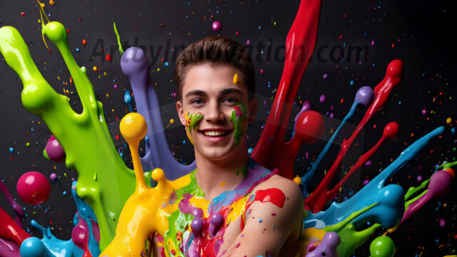 Paint Splat Fun - Hot men having fun with body paint. AI-generated abstract art featuring beautiful, handsome, sexy, shirtless, men, boys, lads, full of excitement joy and fun, covered in body paint, dynamic, interactive, Combining elements of realism with surreal abstract qualities, showcasing the potential of AI in artistic expression. Photos of guys, just smiling, happy, and having a good time. Most of them are smiling because a paint bomb just blow up next to them, so I'm calling is Abstract Art. When paint attacks and makes people happy, it's Art!