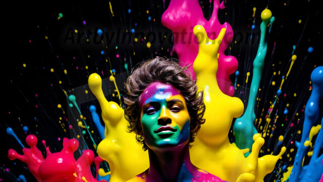 Paint Splat Fun - Hot men having fun with body paint. AI-generated abstract art featuring beautiful, handsome, sexy, shirtless, men, boys, lads, full of excitement joy and fun, covered in body paint, dynamic, interactive, Combining elements of realism with surreal abstract qualities, showcasing the potential of AI in artistic expression. Photos of guys, just smiling, happy, and having a good time. Most of them are smiling because a paint bomb just blow up next to them, so I'm calling is Abstract Art. When paint attacks and makes people happy, it's Art!