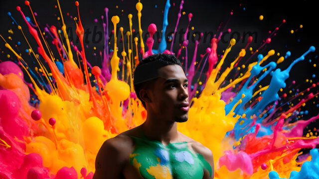 Paint Splat Fun - Hot men having fun with body paint. AI-generated abstract art featuring beautiful, handsome, sexy, shirtless, men, boys, lads, full of excitement joy and fun, covered in body paint, dynamic, interactive, Combining elements of realism with surreal abstract qualities, showcasing the potential of AI in artistic expression. Photos of guys, just smiling, happy, and having a good time. Most of them are smiling because a paint bomb just blow up next to them, so I'm calling is Abstract Art. When paint attacks and makes people happy, it's Art!