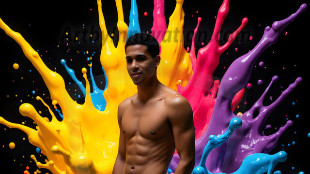 Paint Splat Fun - Hot men having fun with body paint. AI-generated abstract art featuring beautiful, handsome, sexy, shirtless, men, boys, lads, full of excitement joy and fun, covered in body paint, dynamic, interactive, Combining elements of realism with surreal abstract qualities, showcasing the potential of AI in artistic expression. Photos of guys, just smiling, happy, and having a good time. Most of them are smiling because a paint bomb just blow up next to them, so I'm calling is Abstract Art. When paint attacks and makes people happy, it's Art!