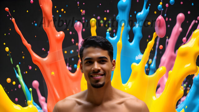 Paint Splat Fun - Hot men having fun with body paint. AI-generated abstract art featuring beautiful, handsome, sexy, shirtless, men, boys, lads, full of excitement joy and fun, covered in body paint, dynamic, interactive, Combining elements of realism with surreal abstract qualities, showcasing the potential of AI in artistic expression. Photos of guys, just smiling, happy, and having a good time. Most of them are smiling because a paint bomb just blow up next to them, so I'm calling is Abstract Art. When paint attacks and makes people happy, it's Art!
