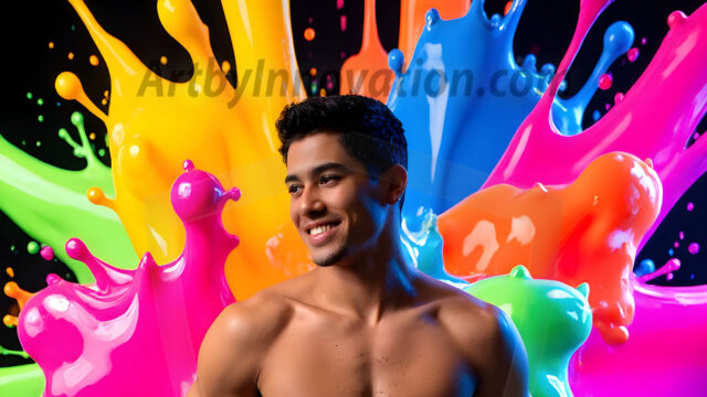 Paint Splat Fun - Hot men having fun with body paint. AI-generated abstract art featuring beautiful, handsome, sexy, shirtless, men, boys, lads, full of excitement joy and fun, covered in body paint, dynamic, interactive, Combining elements of realism with surreal abstract qualities, showcasing the potential of AI in artistic expression. Photos of guys, just smiling, happy, and having a good time. Most of them are smiling because a paint bomb just blow up next to them, so I'm calling is Abstract Art. When paint attacks and makes people happy, it's Art!