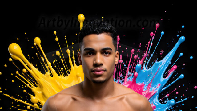 Paint Splat Fun - Hot men having fun with body paint. AI-generated abstract art featuring beautiful, handsome, sexy, shirtless, men, boys, lads, full of excitement joy and fun, covered in body paint, dynamic, interactive, Combining elements of realism with surreal abstract qualities, showcasing the potential of AI in artistic expression. Photos of guys, just smiling, happy, and having a good time. Most of them are smiling because a paint bomb just blow up next to them, so I'm calling is Abstract Art. When paint attacks and makes people happy, it's Art!