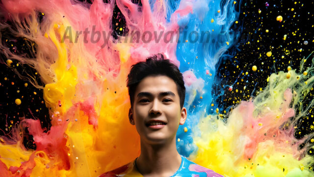 Paint Splat Fun - Hot men having fun with body paint. AI-generated abstract art featuring beautiful, handsome, sexy, shirtless, men, boys, lads, full of excitement joy and fun, covered in body paint, dynamic, interactive, Combining elements of realism with surreal abstract qualities, showcasing the potential of AI in artistic expression. Photos of guys, just smiling, happy, and having a good time. Most of them are smiling because a paint bomb just blow up next to them, so I'm calling is Abstract Art. When paint attacks and makes people happy, it's Art!