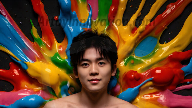 Paint Splat Fun - Hot men having fun with body paint. AI-generated abstract art featuring beautiful, handsome, sexy, shirtless, men, boys, lads, full of excitement joy and fun, covered in body paint, dynamic, interactive, Combining elements of realism with surreal abstract qualities, showcasing the potential of AI in artistic expression. Photos of guys, just smiling, happy, and having a good time. Most of them are smiling because a paint bomb just blow up next to them, so I'm calling is Abstract Art. When paint attacks and makes people happy, it's Art!