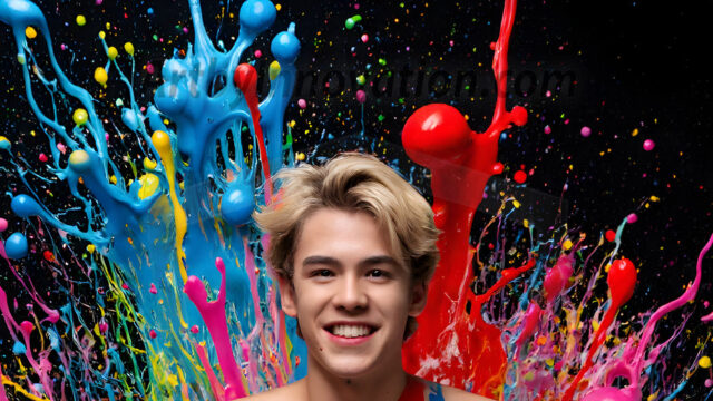 Paint Splat Fun - Hot men having fun with body paint. AI-generated abstract art featuring beautiful, handsome, sexy, shirtless, men, boys, lads, full of excitement joy and fun, covered in body paint, dynamic, interactive, Combining elements of realism with surreal abstract qualities, showcasing the potential of AI in artistic expression. Photos of guys, just smiling, happy, and having a good time. Most of them are smiling because a paint bomb just blow up next to them, so I'm calling is Abstract Art. When paint attacks and makes people happy, it's Art!