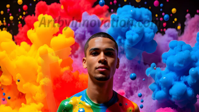 Paint Splat Fun - Hot men having fun with body paint. AI-generated abstract art featuring beautiful, handsome, sexy, shirtless, men, boys, lads, full of excitement joy and fun, covered in body paint, dynamic, interactive, Combining elements of realism with surreal abstract qualities, showcasing the potential of AI in artistic expression. Photos of guys, just smiling, happy, and having a good time. Most of them are smiling because a paint bomb just blow up next to them, so I'm calling is Abstract Art. When paint attacks and makes people happy, it's Art!