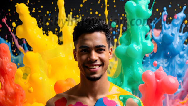 Paint Splat Fun - Hot men having fun with body paint. AI-generated abstract art featuring beautiful, handsome, sexy, shirtless, men, boys, lads, full of excitement joy and fun, covered in body paint, dynamic, interactive, Combining elements of realism with surreal abstract qualities, showcasing the potential of AI in artistic expression. Photos of guys, just smiling, happy, and having a good time. Most of them are smiling because a paint bomb just blow up next to them, so I'm calling is Abstract Art. When paint attacks and makes people happy, it's Art!
