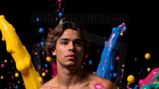 Paint Splat Fun - Hot men having fun with body paint. AI-generated abstract art featuring beautiful, handsome, sexy, shirtless, men, boys, lads, full of excitement joy and fun, covered in body paint, dynamic, interactive, Combining elements of realism with surreal abstract qualities, showcasing the potential of AI in artistic expression. Photos of guys, just smiling, happy, and having a good time. Most of them are smiling because a paint bomb just blow up next to them, so I'm calling is Abstract Art. When paint attacks and makes people happy, it's Art!
