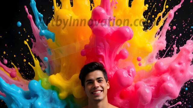 Paint Splat Fun - Hot men having fun with body paint. AI-generated abstract art featuring beautiful, handsome, sexy, shirtless, men, boys, lads, full of excitement joy and fun, covered in body paint, dynamic, interactive, Combining elements of realism with surreal abstract qualities, showcasing the potential of AI in artistic expression. Photos of guys, just smiling, happy, and having a good time. Most of them are smiling because a paint bomb just blow up next to them, so I'm calling is Abstract Art. When paint attacks and makes people happy, it's Art!