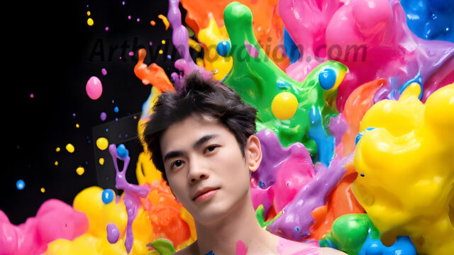 Paint Splat Fun - Hot men having fun with body paint. AI-generated abstract art featuring beautiful, handsome, sexy, shirtless, men, boys, lads, full of excitement joy and fun, covered in body paint, dynamic, interactive, Combining elements of realism with surreal abstract qualities, showcasing the potential of AI in artistic expression. Photos of guys, just smiling, happy, and having a good time. Most of them are smiling because a paint bomb just blow up next to them, so I'm calling is Abstract Art. When paint attacks and makes people happy, it's Art!