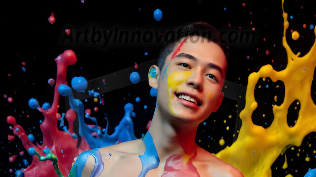 Paint Splat Fun - Hot men having fun with body paint. AI-generated abstract art featuring beautiful, handsome, sexy, shirtless, men, boys, lads, full of excitement joy and fun, covered in body paint, dynamic, interactive, Combining elements of realism with surreal abstract qualities, showcasing the potential of AI in artistic expression. Photos of guys, just smiling, happy, and having a good time. Most of them are smiling because a paint bomb just blow up next to them, so I'm calling is Abstract Art. When paint attacks and makes people happy, it's Art!