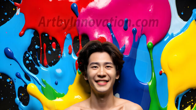 Paint Splat Fun - Hot men having fun with body paint. AI-generated abstract art featuring beautiful, handsome, sexy, shirtless, men, boys, lads, full of excitement joy and fun, covered in body paint, dynamic, interactive, Combining elements of realism with surreal abstract qualities, showcasing the potential of AI in artistic expression. Photos of guys, just smiling, happy, and having a good time. Most of them are smiling because a paint bomb just blow up next to them, so I'm calling is Abstract Art. When paint attacks and makes people happy, it's Art!