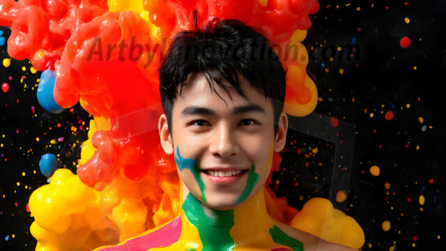 Paint Splat Fun - Hot men having fun with body paint. AI-generated abstract art featuring beautiful, handsome, sexy, shirtless, men, boys, lads, full of excitement joy and fun, covered in body paint, dynamic, interactive, Combining elements of realism with surreal abstract qualities, showcasing the potential of AI in artistic expression. Photos of guys, just smiling, happy, and having a good time. Most of them are smiling because a paint bomb just blow up next to them, so I'm calling is Abstract Art. When paint attacks and makes people happy, it's Art!