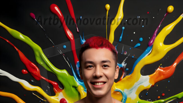 Paint Splat Fun - Hot men having fun with body paint. AI-generated abstract art featuring beautiful, handsome, sexy, shirtless, men, boys, lads, full of excitement joy and fun, covered in body paint, dynamic, interactive, Combining elements of realism with surreal abstract qualities, showcasing the potential of AI in artistic expression. Photos of guys, just smiling, happy, and having a good time. Most of them are smiling because a paint bomb just blow up next to them, so I'm calling is Abstract Art. When paint attacks and makes people happy, it's Art!