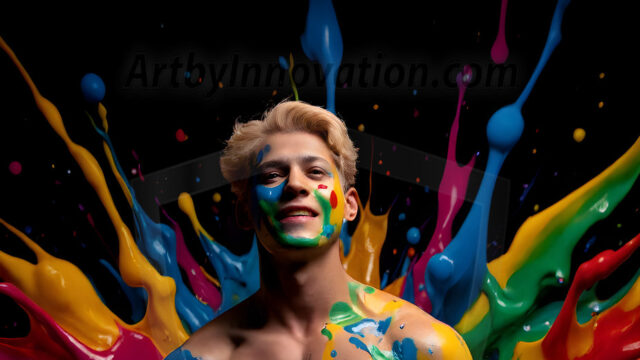 Paint Splat Fun - Hot men having fun with body paint. AI-generated abstract art featuring beautiful, handsome, sexy, shirtless, men, boys, lads, full of excitement joy and fun, covered in body paint, dynamic, interactive, Combining elements of realism with surreal abstract qualities, showcasing the potential of AI in artistic expression. Photos of guys, just smiling, happy, and having a good time. Most of them are smiling because a paint bomb just blow up next to them, so I'm calling is Abstract Art. When paint attacks and makes people happy, it's Art!