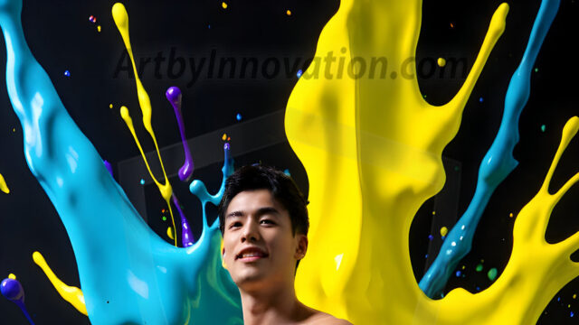 Paint Splat Fun - Hot men having fun with body paint. AI-generated abstract art featuring beautiful, handsome, sexy, shirtless, men, boys, lads, full of excitement joy and fun, covered in body paint, dynamic, interactive, Combining elements of realism with surreal abstract qualities, showcasing the potential of AI in artistic expression. Photos of guys, just smiling, happy, and having a good time. Most of them are smiling because a paint bomb just blow up next to them, so I'm calling is Abstract Art. When paint attacks and makes people happy, it's Art!