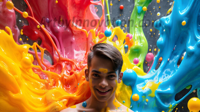 Paint Splat Fun - Hot men having fun with body paint. AI-generated abstract art featuring beautiful, handsome, sexy, shirtless, men, boys, lads, full of excitement joy and fun, covered in body paint, dynamic, interactive, Combining elements of realism with surreal abstract qualities, showcasing the potential of AI in artistic expression. Photos of guys, just smiling, happy, and having a good time. Most of them are smiling because a paint bomb just blow up next to them, so I'm calling is Abstract Art. When paint attacks and makes people happy, it's Art!