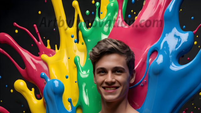 Paint Splat Fun - Hot men having fun with body paint. AI-generated abstract art featuring beautiful, handsome, sexy, shirtless, men, boys, lads, full of excitement joy and fun, covered in body paint, dynamic, interactive, Combining elements of realism with surreal abstract qualities, showcasing the potential of AI in artistic expression. Photos of guys, just smiling, happy, and having a good time. Most of them are smiling because a paint bomb just blow up next to them, so I'm calling is Abstract Art. When paint attacks and makes people happy, it's Art!