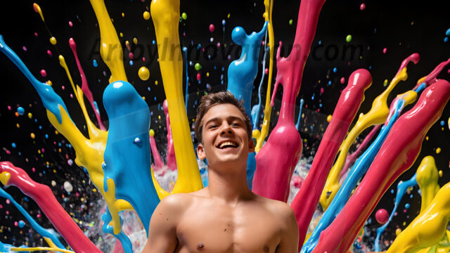 Paint Splat Fun - Hot men having fun with body paint. AI-generated abstract art featuring beautiful, handsome, sexy, shirtless, men, boys, lads, full of excitement joy and fun, covered in body paint, dynamic, interactive, Combining elements of realism with surreal abstract qualities, showcasing the potential of AI in artistic expression. Photos of guys, just smiling, happy, and having a good time. Most of them are smiling because a paint bomb just blow up next to them, so I'm calling is Abstract Art. When paint attacks and makes people happy, it's Art!