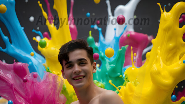 Paint Splat Fun - Hot men having fun with body paint. AI-generated abstract art featuring beautiful, handsome, sexy, shirtless, men, boys, lads, full of excitement joy and fun, covered in body paint, dynamic, interactive, Combining elements of realism with surreal abstract qualities, showcasing the potential of AI in artistic expression. Photos of guys, just smiling, happy, and having a good time. Most of them are smiling because a paint bomb just blow up next to them, so I'm calling is Abstract Art. When paint attacks and makes people happy, it's Art!