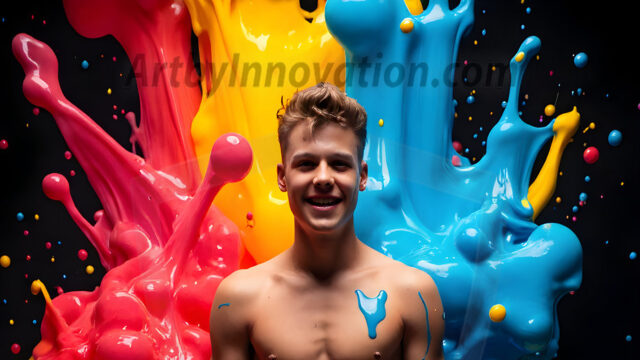 Paint Splat Fun - Hot men having fun with body paint. AI-generated abstract art featuring beautiful, handsome, sexy, shirtless, men, boys, lads, full of excitement joy and fun, covered in body paint, dynamic, interactive, Combining elements of realism with surreal abstract qualities, showcasing the potential of AI in artistic expression. Photos of guys, just smiling, happy, and having a good time. Most of them are smiling because a paint bomb just blow up next to them, so I'm calling is Abstract Art. When paint attacks and makes people happy, it's Art!